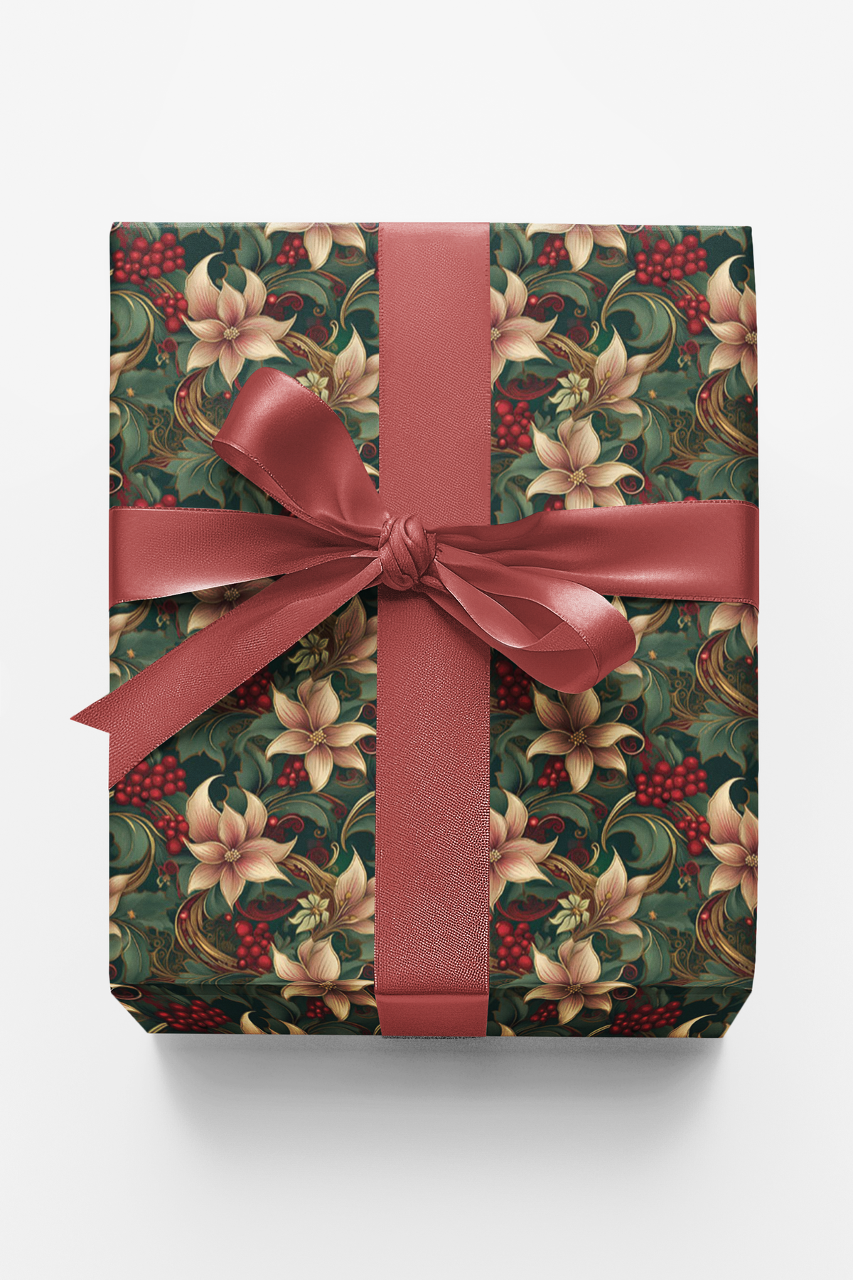 Poinsettia Floral Christmas Gift Wrap, Vintage Holly Wrapping Paper, Botanical Winter Present Wrap, Traditional Holiday Gift 