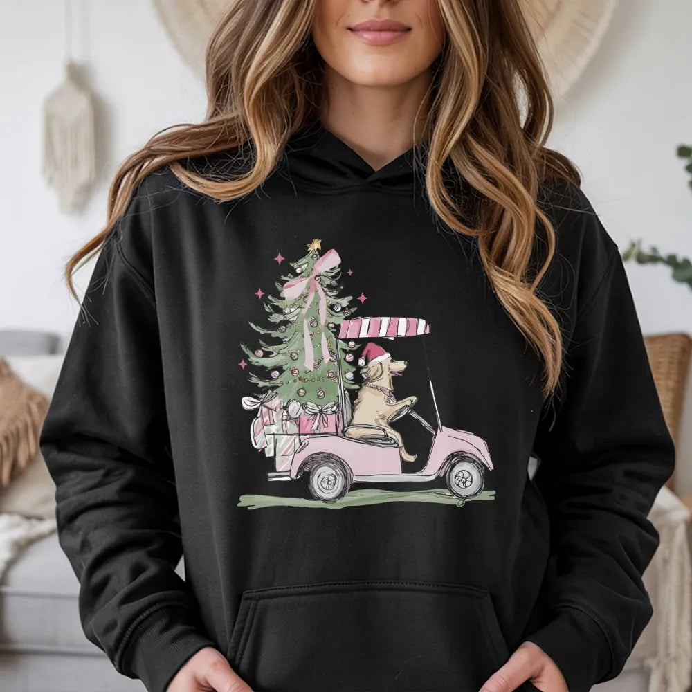 Pink Golf Cart Christmas Hoodie, Christmas Golden Retriever Hoodie, Festive Dog Lover Hooded Sweatshirt, Adorable Golfer Holi