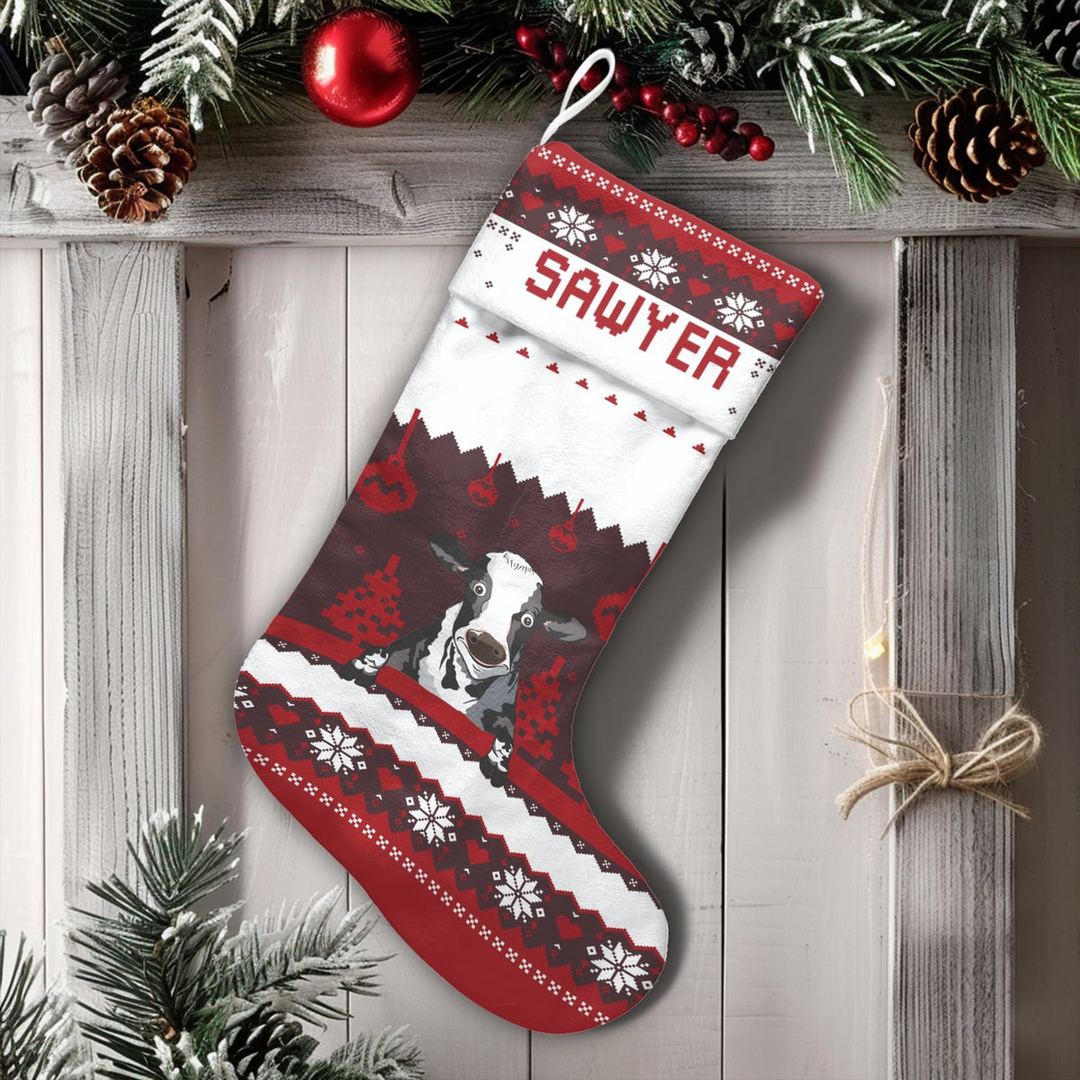 Nordic Farmhouse Holiday Stocking, Personalized Cow Christmas Stocking, Rustic Farm Animal Xmas Stocking, Custom Name Winter 