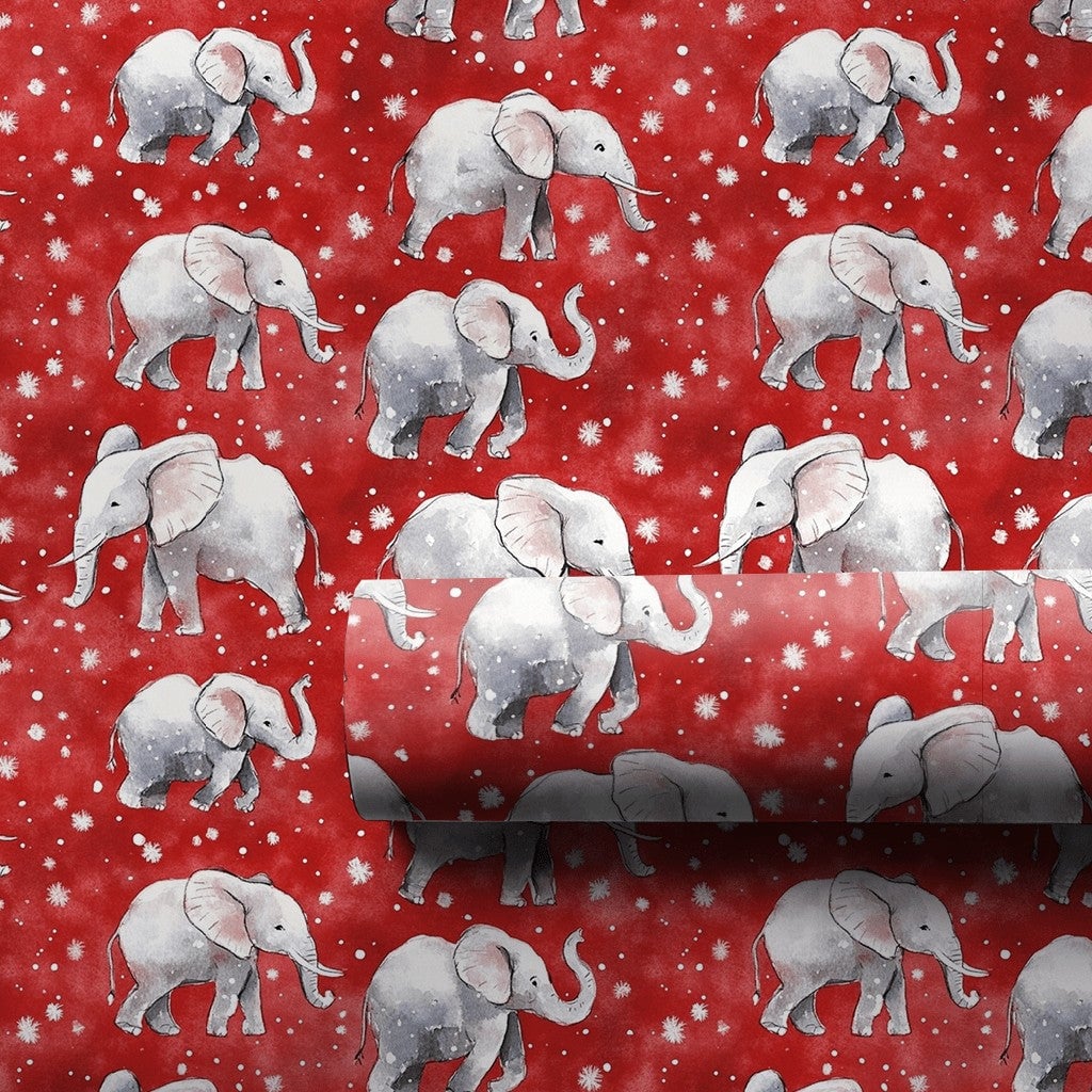 Red Snowy Holiday Gift Wrap, Watercolor Elephant Christmas Wrapping Paper, Adorable Winter Animal Wrapping Paper, Festive Hol