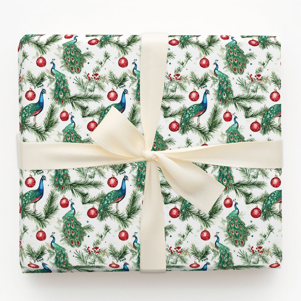 Pine Branch Bird Gift Wrap, Watercolor Peacock Christmas Wrapping Paper, Red Ornament Wrapping Paper, Elegant Winter Holiday 