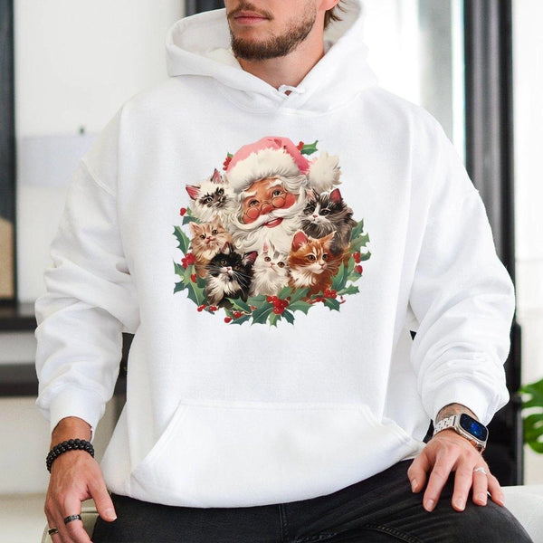 Adorable Kitten Holiday Hoodie, Santa Cats Christmas Hoodie, Retro Cat Lover Hoodie, Comfy Winter Kitty Pullover, Holiday Pre