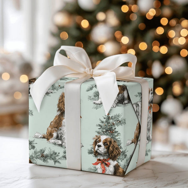 Christmas Dog Gift Wrap, Cavalier King Charles Spaniel Wrapping Paper, Red Bow Puppy Wrapping Paper, Pet Lover Holiday Presen