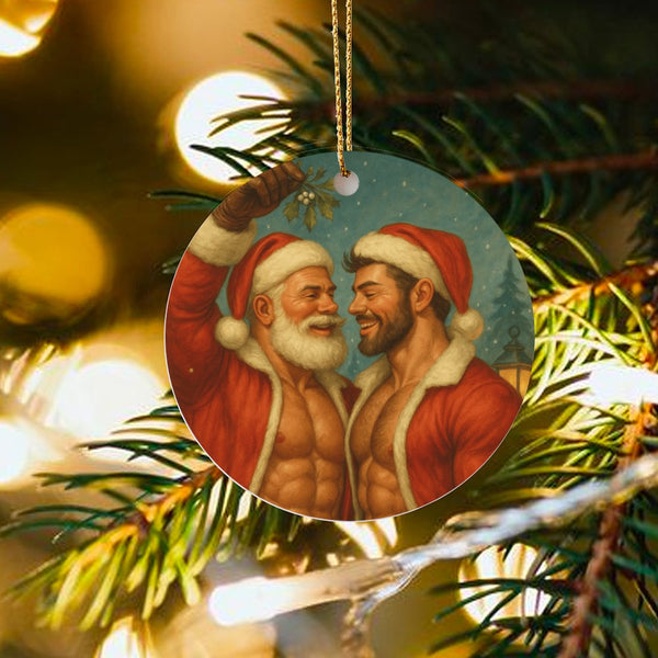 Romantic Mistletoe Kiss Ornament, Gay Santa Couple Ceramic Ornament, LGBTQ Holiday Tree Decor, Adorable Pride Christmas Keeps