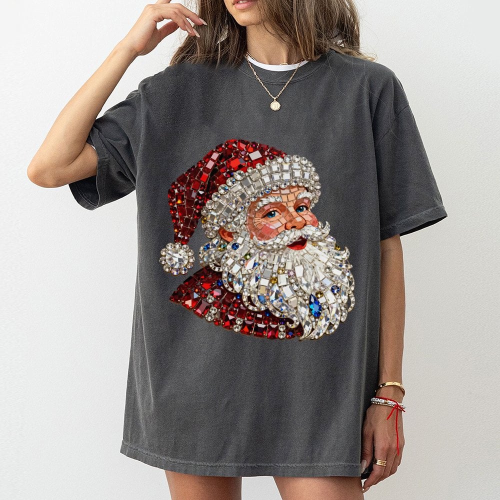 Mosaic Rhinestone Graphic Shirt, Sparkle Santa T-Shirt, Faux Glitter Christmas Tee, Festive Holiday Season Graphic T-Shirt He
