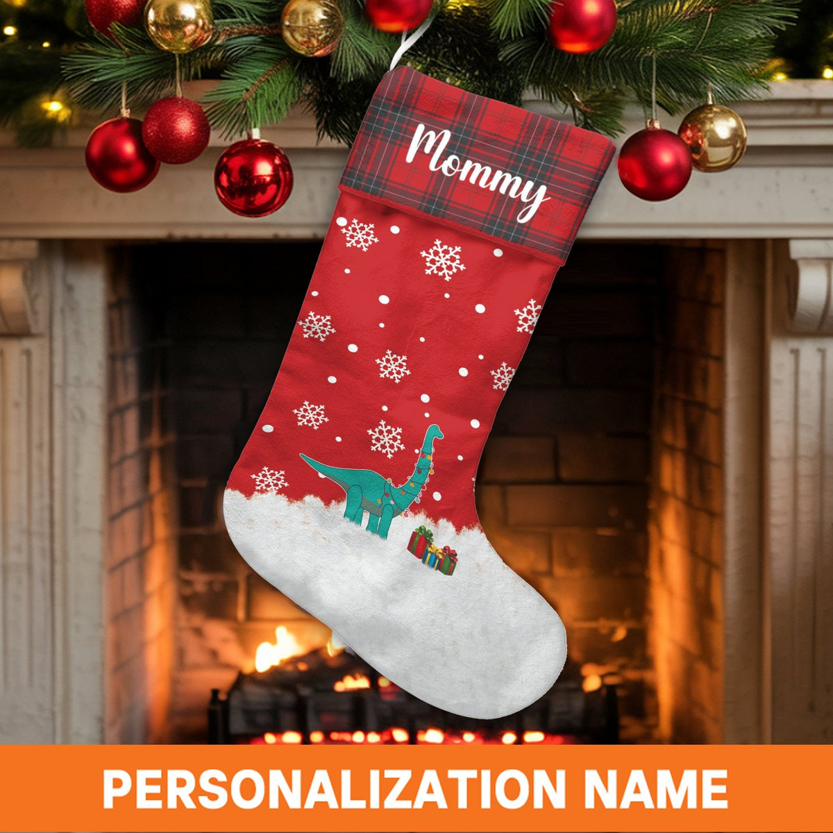 Dino Holiday Lights Stocking, Personalized Dinosaur Christmas Stocking, Adorable Dino Xmas Stocking, Custom Name Kids Holiday