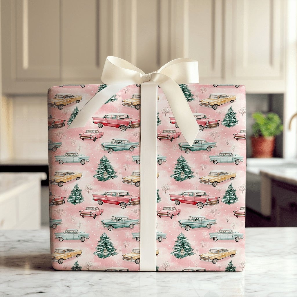 Retro Winter Tree Holiday Wrapping Paper, Vintage Pink Christmas Car Wrapping Paper, Pastel Xmas Gift Wrap Roll, Snowy Season