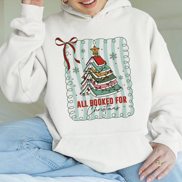 Book Stack Tree Graphic Hoodie, All Booked for Christmas Hoodie, Adorable Bookish Reader Hooded Sweatshirt, Librarian Xmas Pu