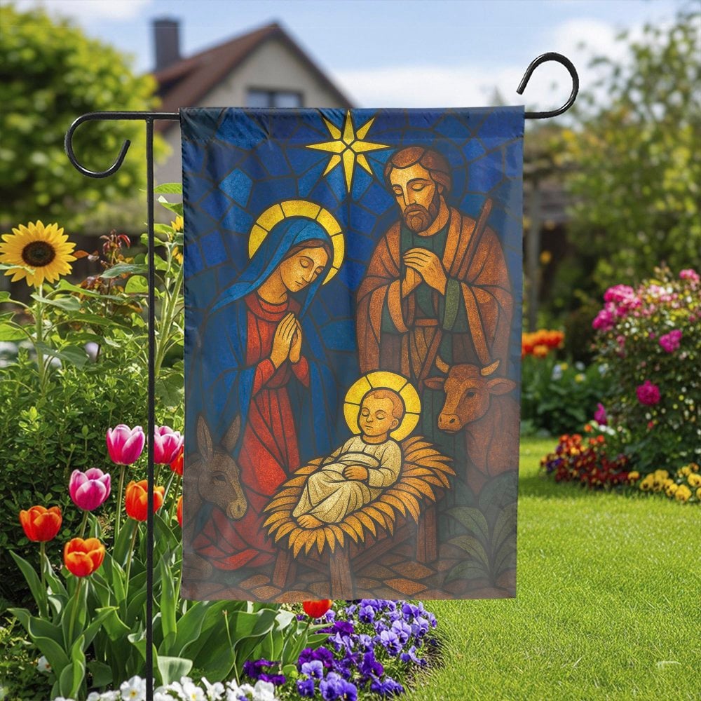 Holy Family Christmas Garden Flag, Stained Glass Nativity Garden Flag, Religious Holiday Yard Flag, Christian Outdoor Flag, X