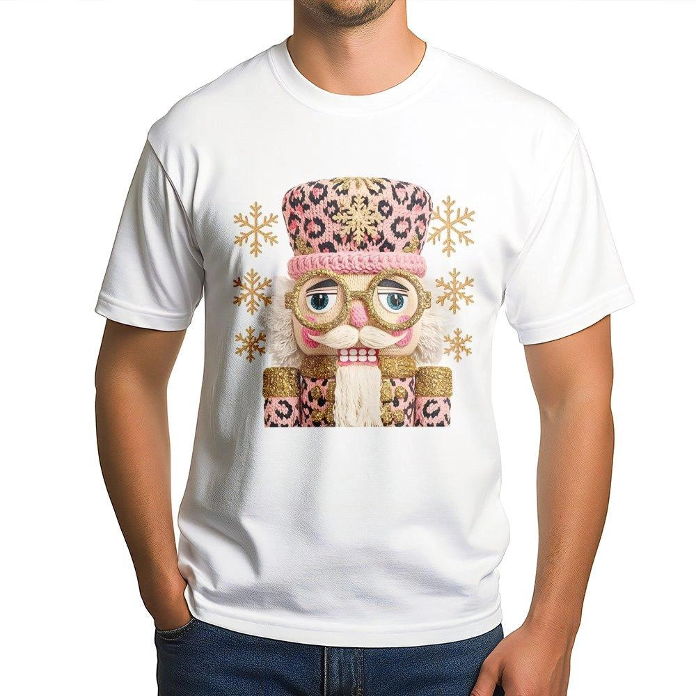 Preppy Crochet Holiday T-Shirt, Pink Leopard Nutcracker Christmas Shirt, Retro Nutcracker Tee, Adorable Holiday Graphic Shirt