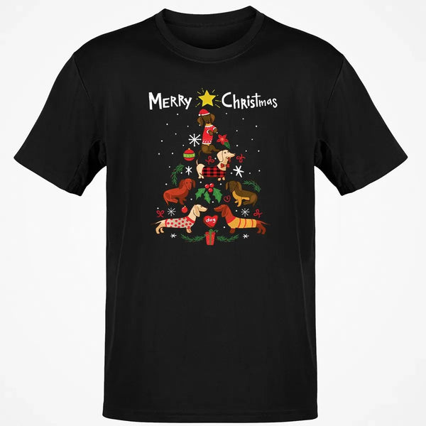 Humorous Holiday Dachshund Graphic Tee, Dachshund Christmas Tree T-Shirt, Adorable Wiener Dog Christmas Shirt, Retro Dachshun