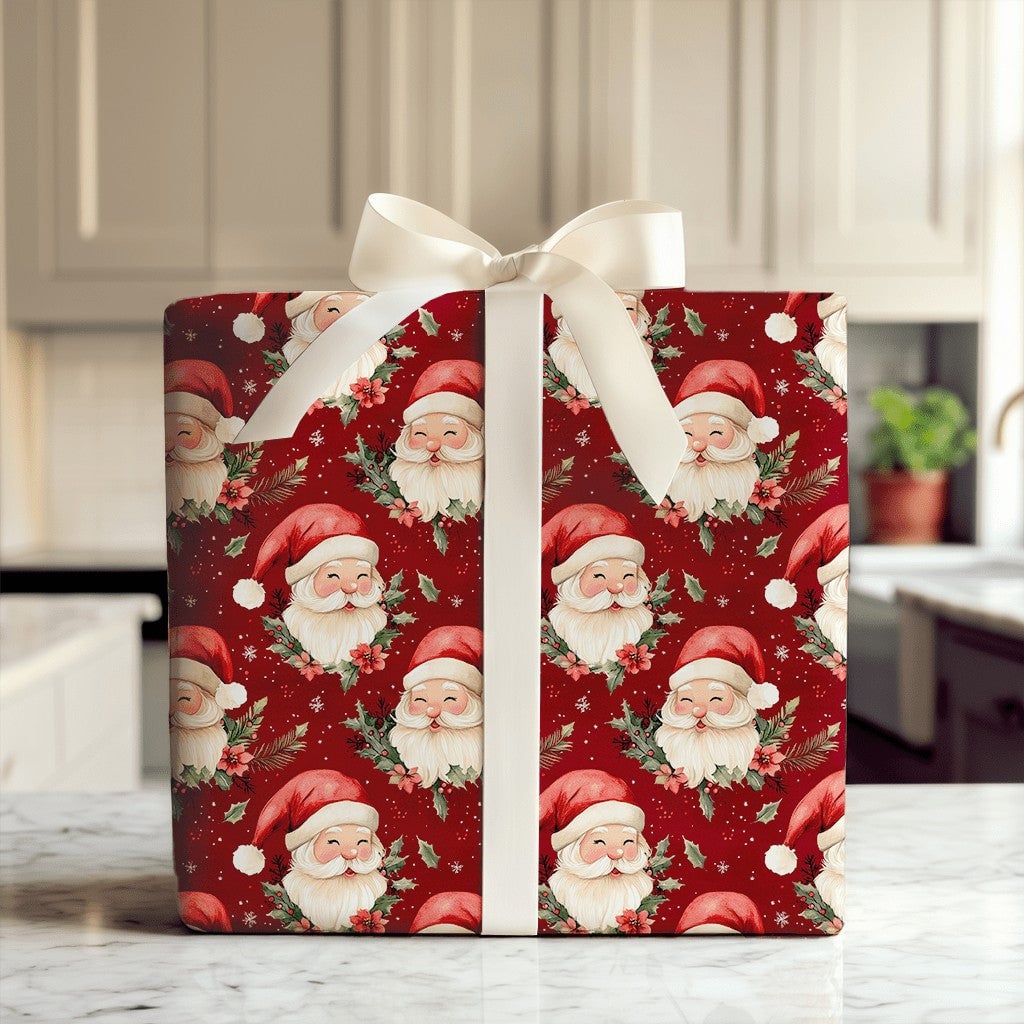 Vintage Christmas Gift Wrap, Jolly Santa Claus Wrapping Paper, Winking Santa Holiday Wrapping Paper, Red Poinsettia Gift Wrap