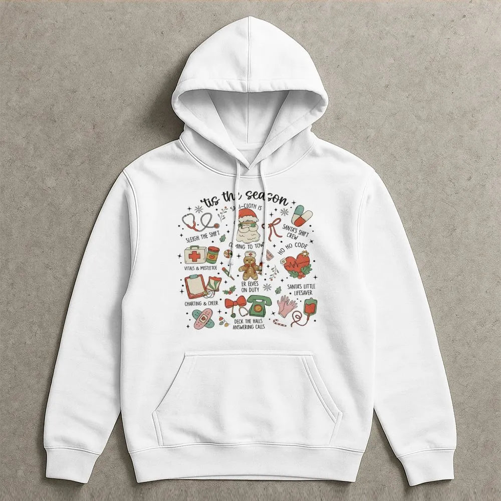 Adorable Holiday Medical Icons Hoodie, Nurse Christmas Hoodie, RN LPN CNA Winter Hoodie, Healthcare Worker Hooded Sweatshirt,