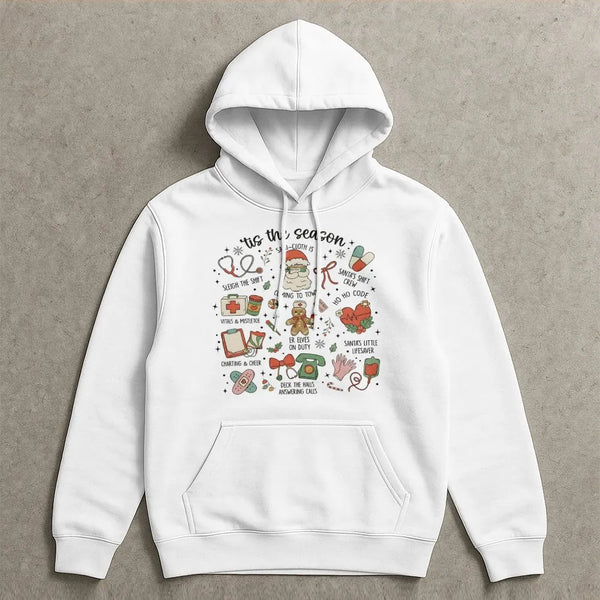 Adorable Holiday Medical Icons Hoodie, Nurse Christmas Hoodie, RN LPN CNA Winter Hoodie, Healthcare Worker Hooded Sweatshirt,
