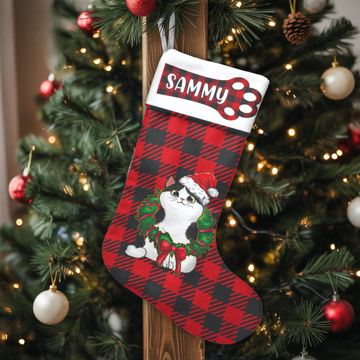 Custom Name Pet Holiday Stocking, Personalized Buffalo Plaid Cat Christmas Stocking, Red Plaid Christmas Stocking, Velboa Cat