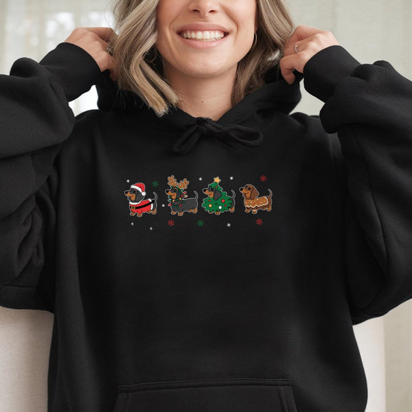 Adorable Wiener Dog Holiday Graphic Hooded Sweatshirt, Dachshund Christmas Hoodie, Xmas Doxie Lover Pullover, Festive Winter 