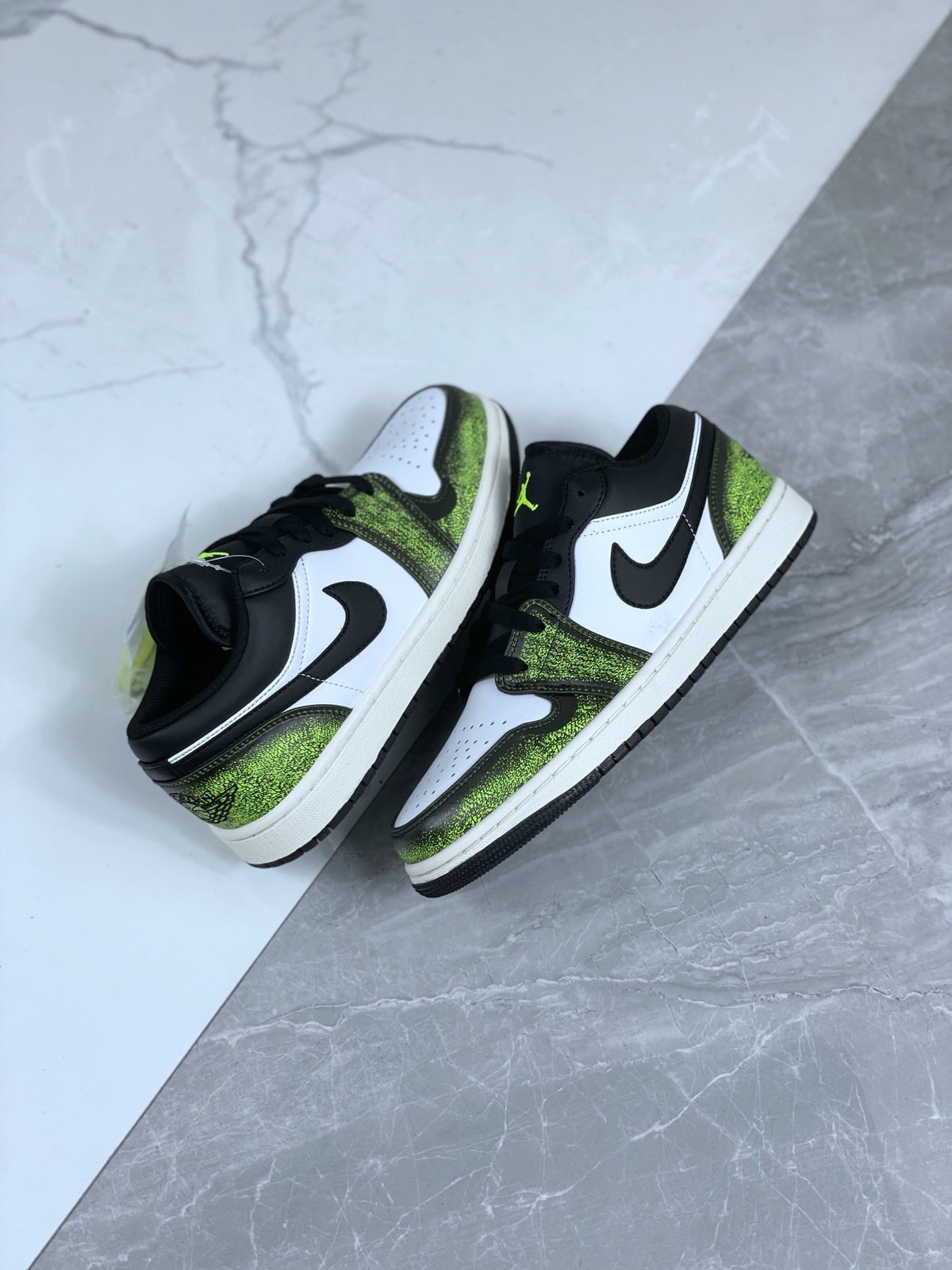 Low Top Sneakers, White Green Colorway, Cracked Pattern, Lace Up Design, Casual Gift for Sneaker Fans