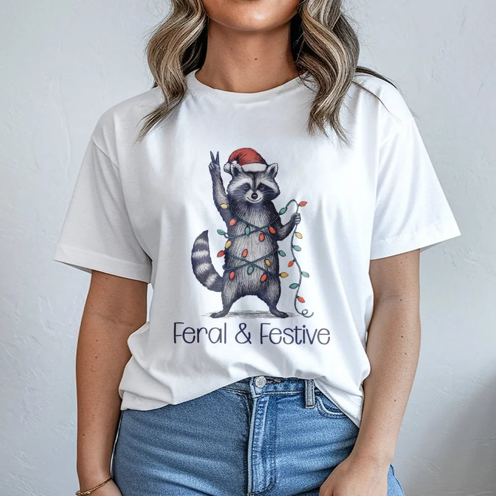 Humorous Trash Panda Xmas Shirt, Feral and Festive Raccoon Christmas T-Shirt, Retro Holiday Animal Graphic Tee, Adorable Racc