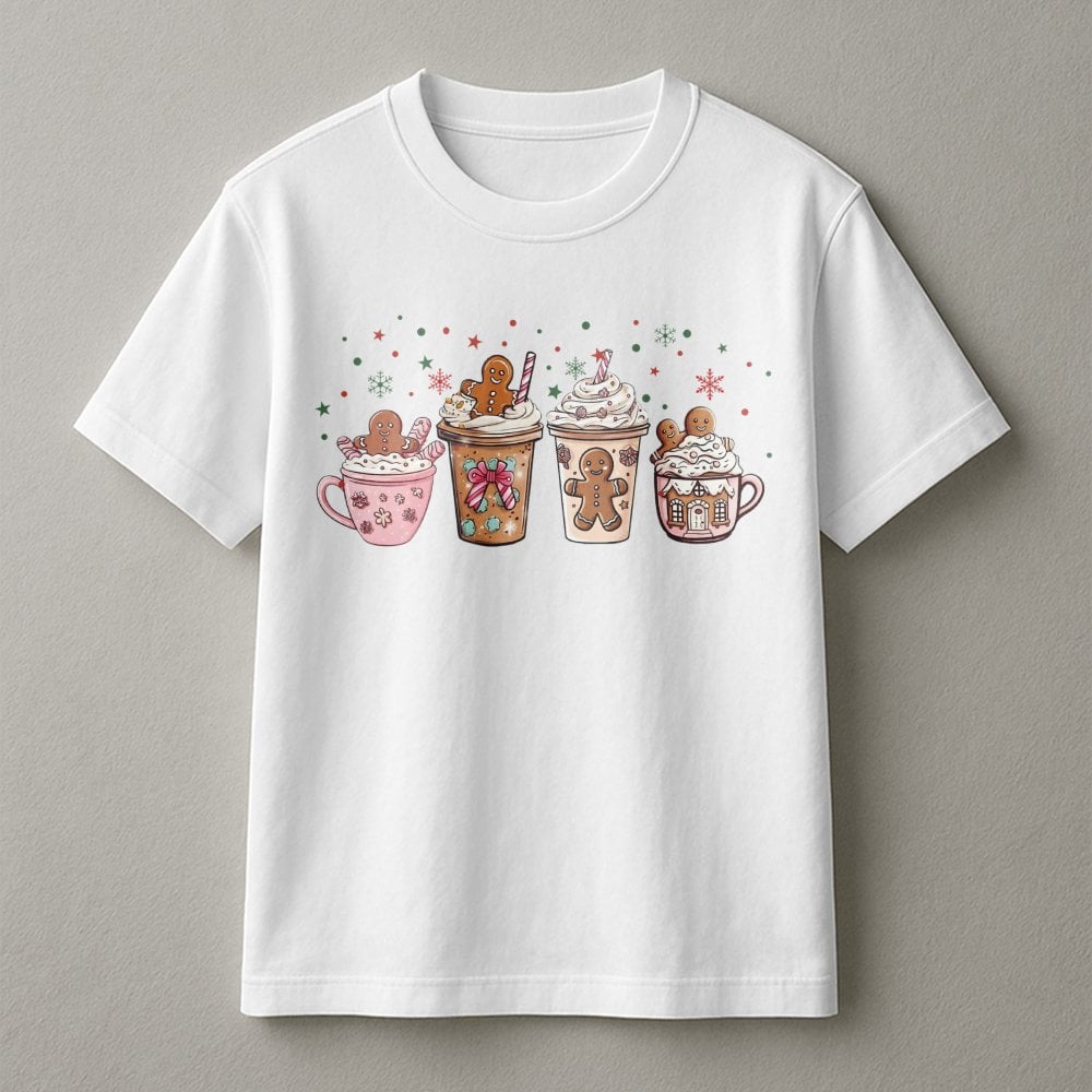 Adorable Holiday Hot Cocoa Graphic Tee, Gingerbread Coffee Christmas T-Shirt, Festive Gingerbread Baker Shirt, Winter Season 