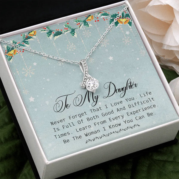 Cubic Zirconia Ribbon Pendant Necklace, To My Daughter Christmas Necklace from Mom, 14k White Gold Stainless Steel Necklace, 