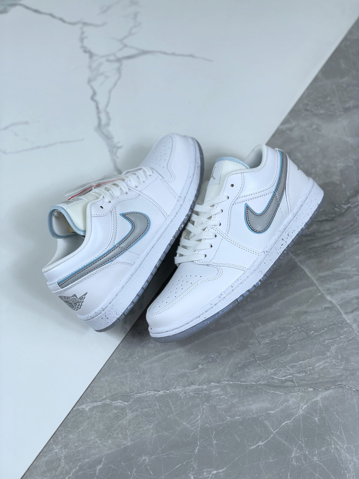 Low Top Sneakers, White Silver Colorway, Reflective Detail, Lace Up Design, Casual Gift for Sneaker Fans