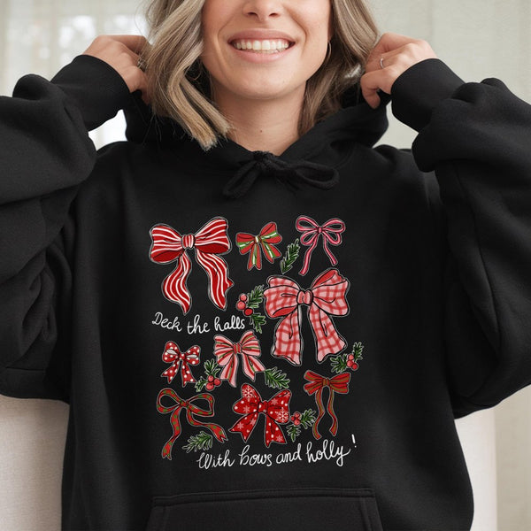 Festive Bow Graphic Sweatshirt, Deck the Halls Christmas Bows Hoodie, Coquette Holiday Hooded Pullover, Adorable Christmas Ap