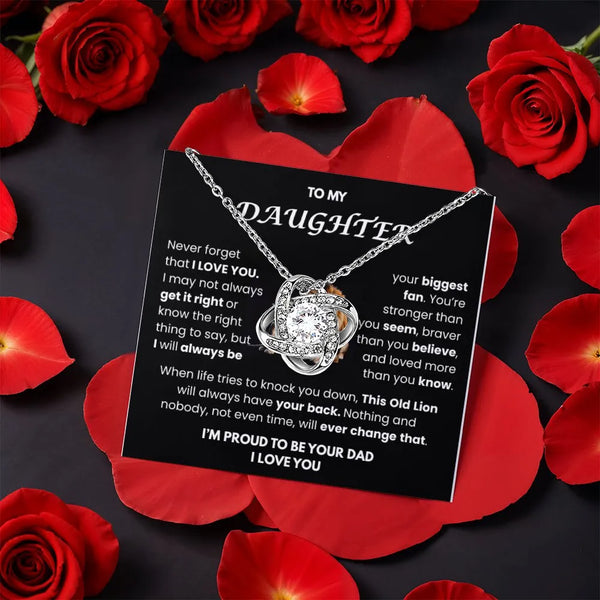 CZ Crystal Knot Necklace from Dad, Daughter Love Knot Necklace Lion Quote Card, Meaningful Daughter Necklace, Christmas Birth