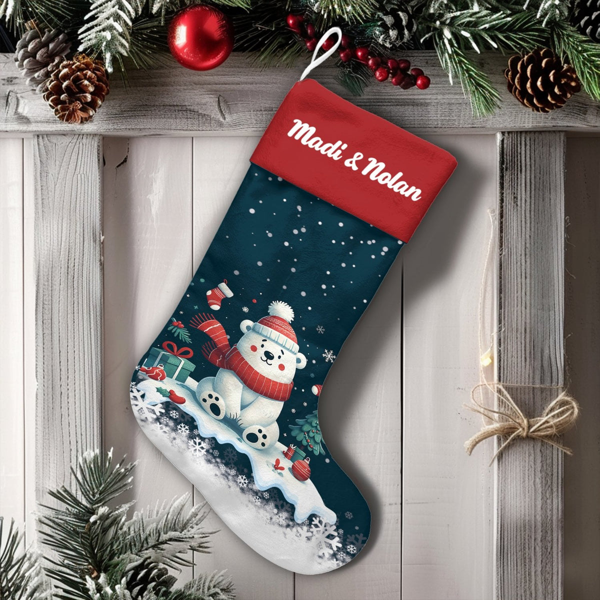 Adorable Winter Holiday Stocking, Polar Bear Christmas Stocking, Comfy Christmas Stocking, Nordic Animal Fireplace Mantel Dec