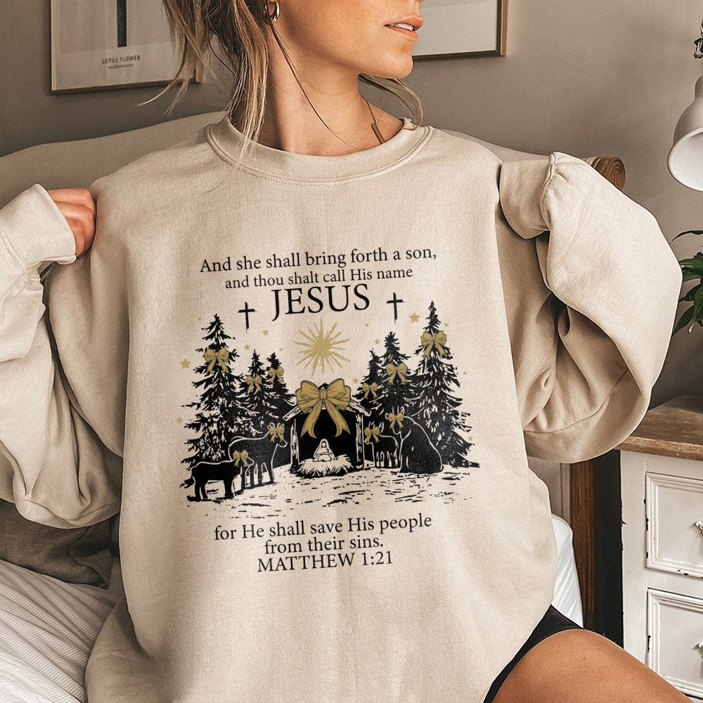 Matthew 1 21 Scripture Sweatshirt, Jesus Nativity Scene Sweatshirt, Christian Faith Sweatshirt, Religious Christmas Crewneck,