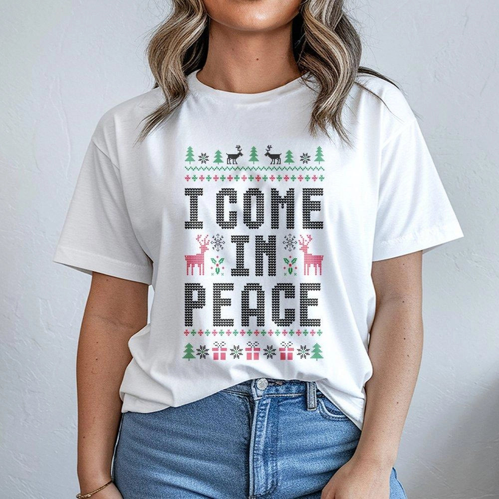 Humorous Ugly Sweater Graphic Tee, I Come in Peace Christmas T-Shirt, Quirky Xmas Holiday Shirt, Humorous Alien Christmas T-S