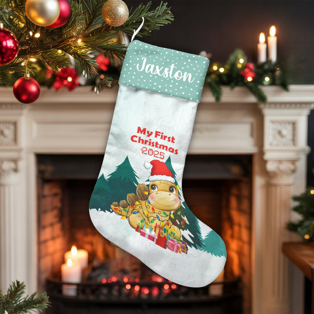 Baby First Christmas 2025 Stocking, Dinosaur Christmas Stocking, Adorable Dino Holiday Stocking, Kids Fireplace Mantel Decor,