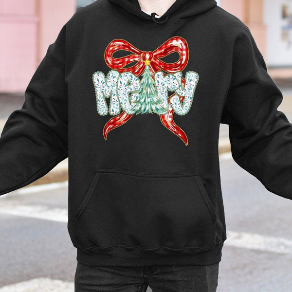 Coquette Bow Tree Hoodie, Merry Christmas Hoodie, Floral Christmas Hooded Sweatshirt, Preppy Holiday Pullover, Festive Presen
