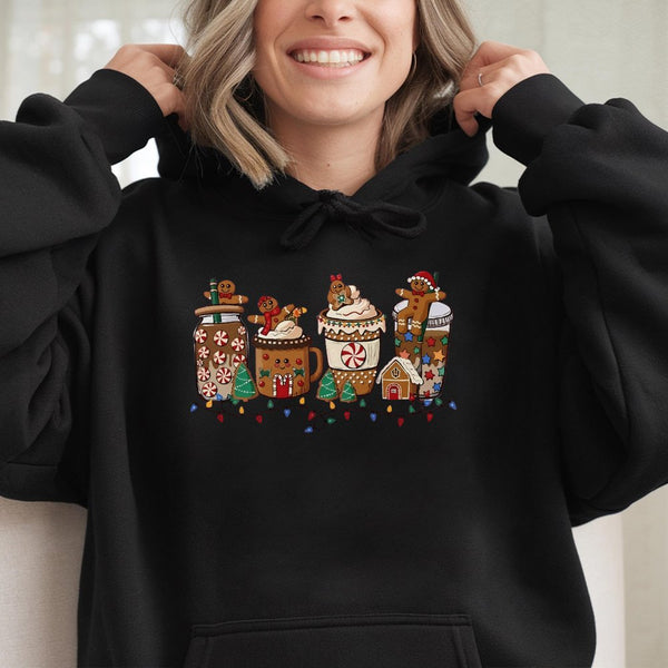 Adorable Holiday Coffee Mug Sweatshirt, Christmas Gingerbread Hoodie, Comfy Gingerbread Man Hoodie, Festive Winter Hooded Swe