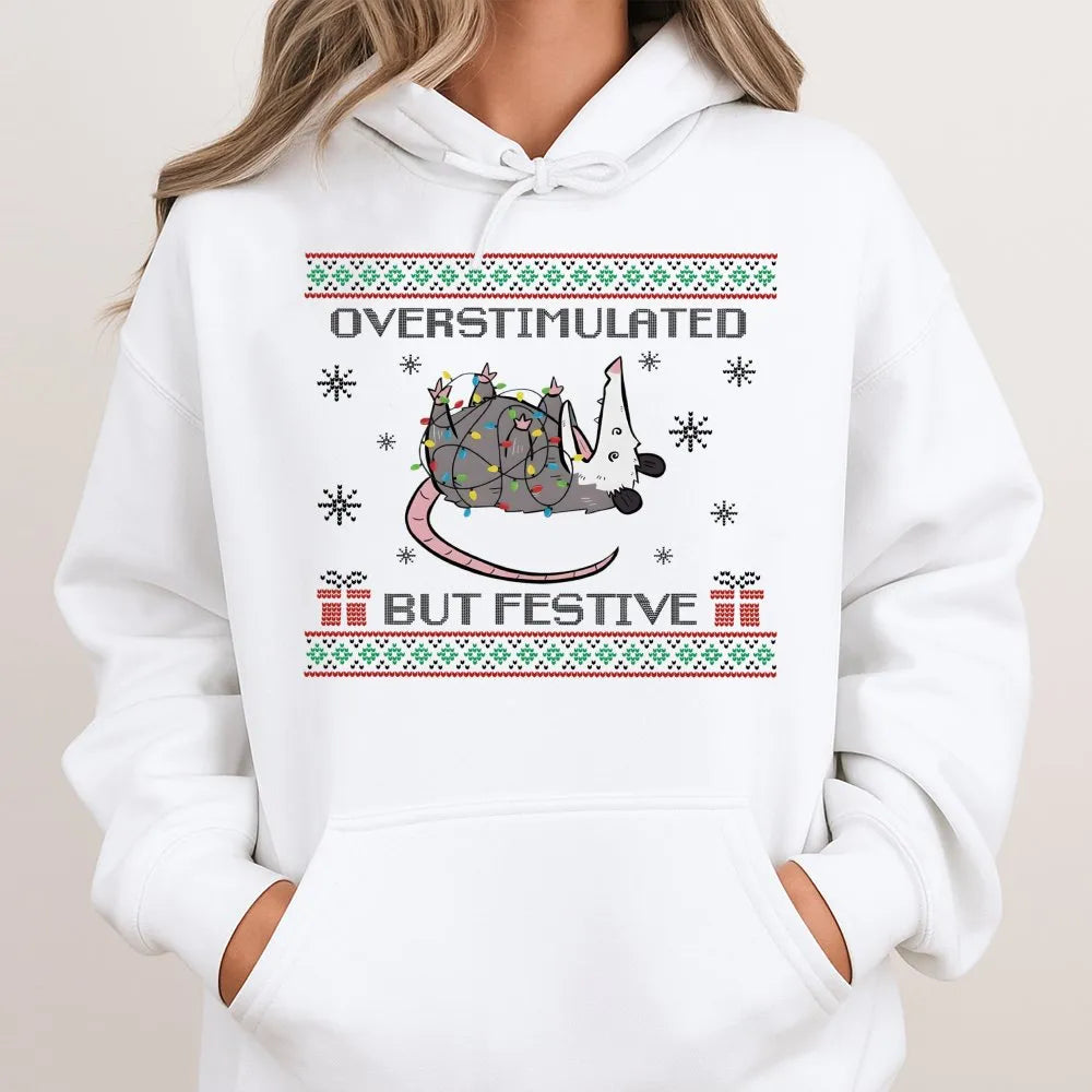 Humorous Christmas Lights Sweatshirt, Overstimulated but Festive Possum Hoodie, Quirky Holiday Pullover, Adorable Possum Wint