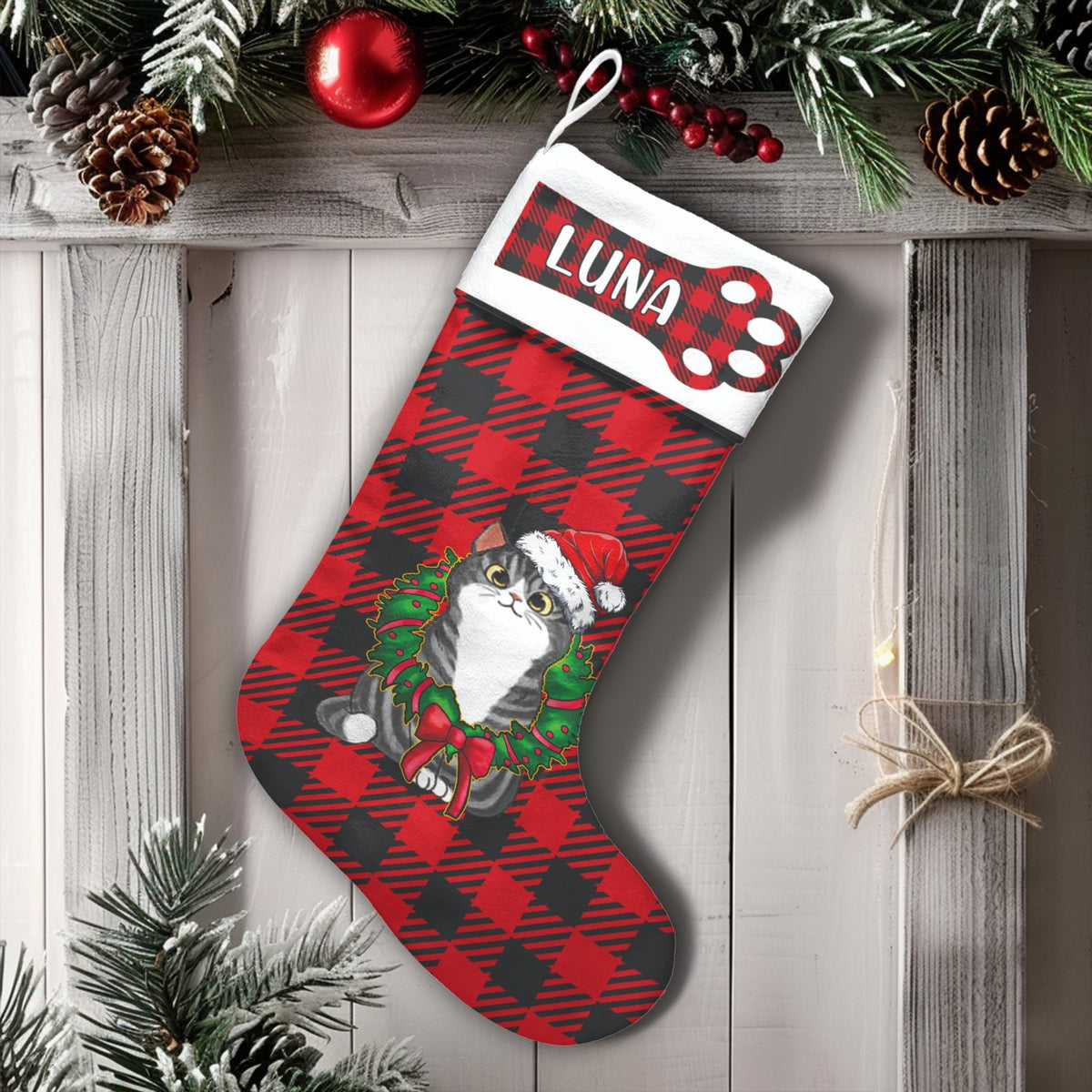 Grey Tabby Kitten Holiday Stocking, Personalized Cat Christmas Stocking, Santa Hat Wreath Pet Stocking, Custom Cat Lover Chri