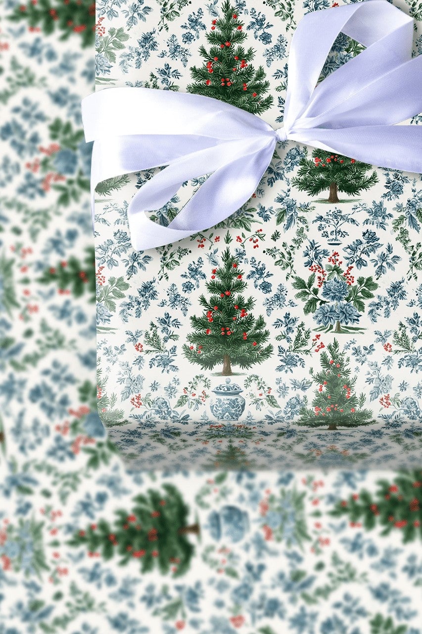 Blue and White Ginger Jar Holiday Gift Wrap, Chinoiserie Christmas Wrapping Paper, Floral Toile Christmas Wrap, Elegant Holid