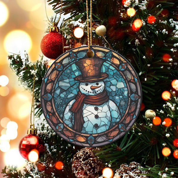 Festive Winter Ceramic Ornament, Stained Glass Snowman Ornament, Colorful Snowman Christmas Tree Ornament, Adorable Holiday K
