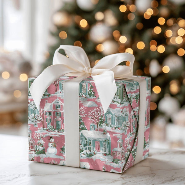 Pastel House Holiday Gift Wrap, Pink Winter Village Wrapping Paper, Whimsical Snowman Christmas Wrapping Paper, Comfy Winter 