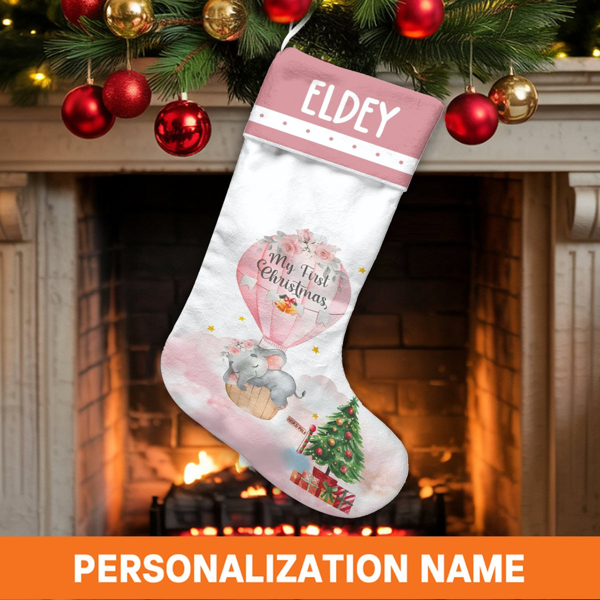 Baby First Christmas Stocking, Personalized Baby Elephant Christmas Stocking, Custom Name Holiday Stocking, Adorable Nursery 