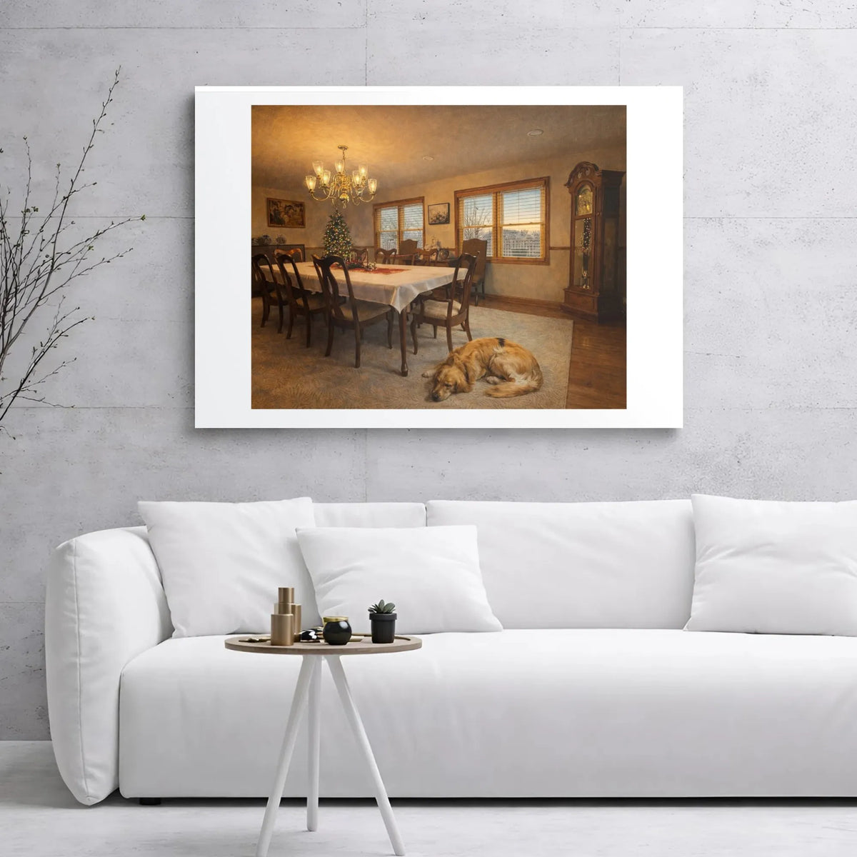 Comfy Holiday Dog Canvas Print, Golden Retriever Christmas Canvas Art, Festive Dining Room Canvas Wall Decor, Winter Puppy Ar