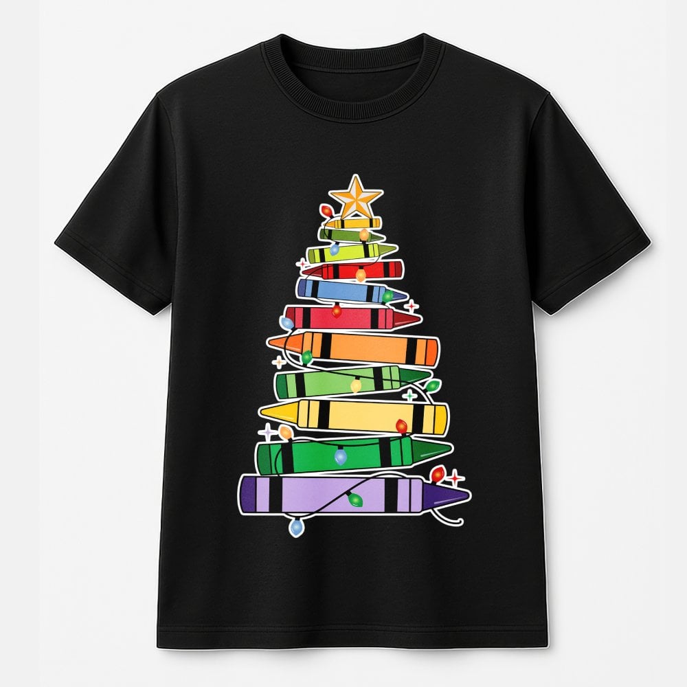 Art Teacher Holiday Tee, Crayon Christmas Tree Teacher T-Shirt, Festive School Season Graphic Shirt, Adorable Elementary Educ