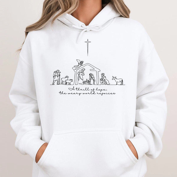 Minimalist Holy Night Hooded Sweatshirt, A Thrill of Hope Nativity Hoodie, Christian Christmas Scripture Pullover, Faith Holi