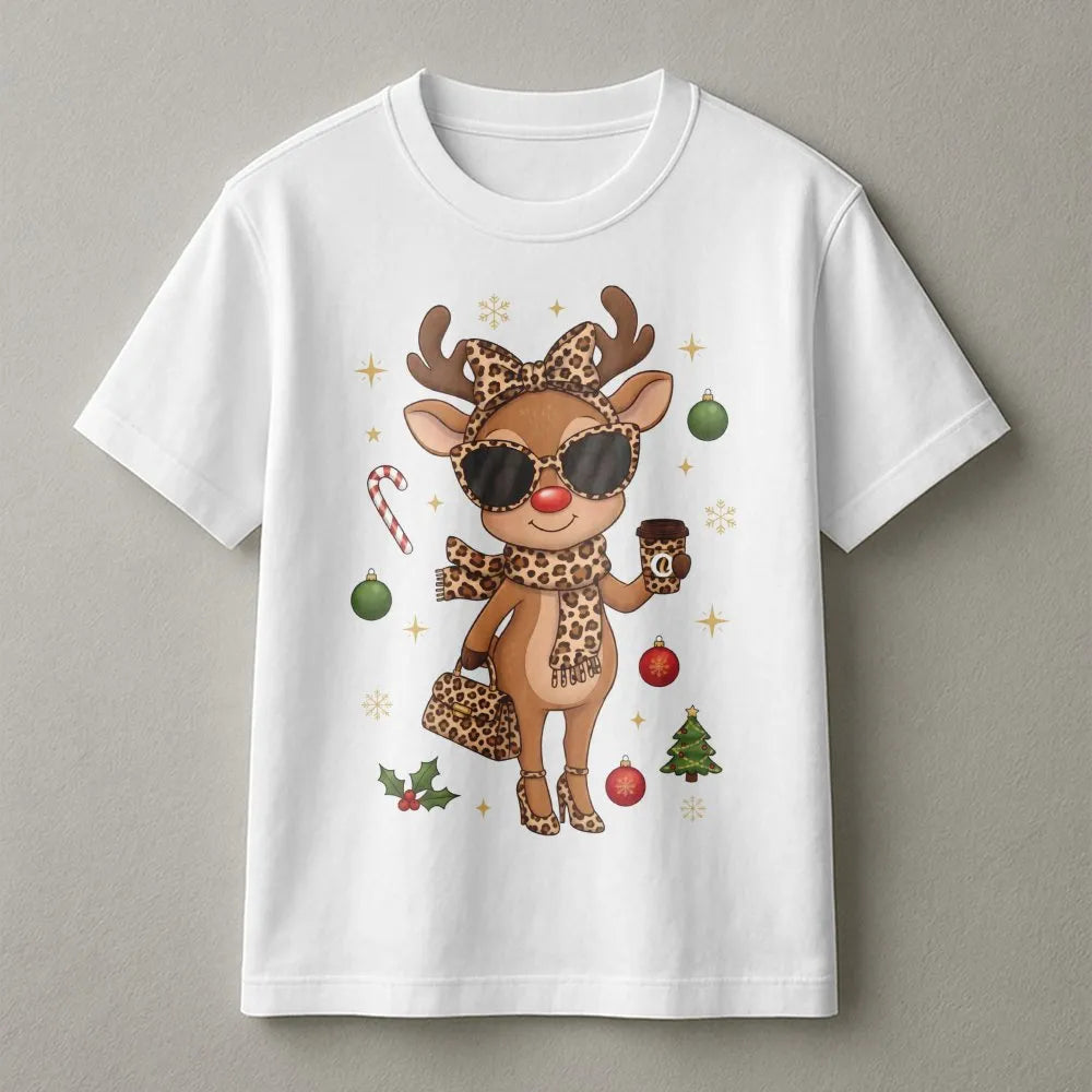Leopard Print Christmas T-Shirt, Boujee Reindeer T-Shirt, Adorable Holiday Animal Graphic Tee, Retro Winter Reindeer Shirt, W
