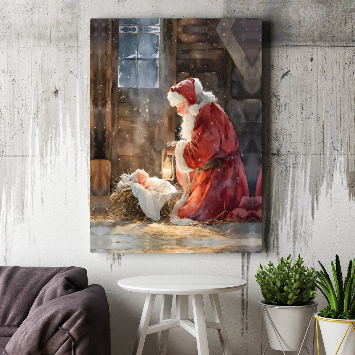 Baby Jesus Manger Scene Canvas, Santa Kneeling at Nativity Canvas Art, Religious Christmas Wall Art, Christian Holiday Canvas