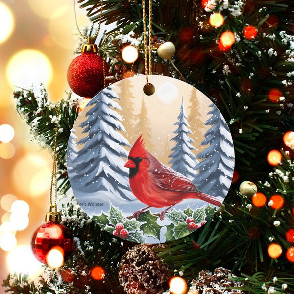 Winter Snowy Forest Bird Tree Ornament, Red Cardinal Ceramic Ornament, Cardinal Christmas Ornament, Wildlife Bird Lover Holid