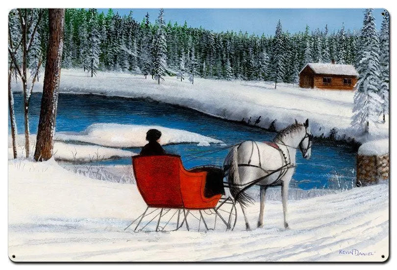 Vintage Winter Scene Sign, Sleigh Ride by a Stream Metal Sign, Snowy Holiday Wall Sign, Rustic Christmas Cabin Decor, Winter 