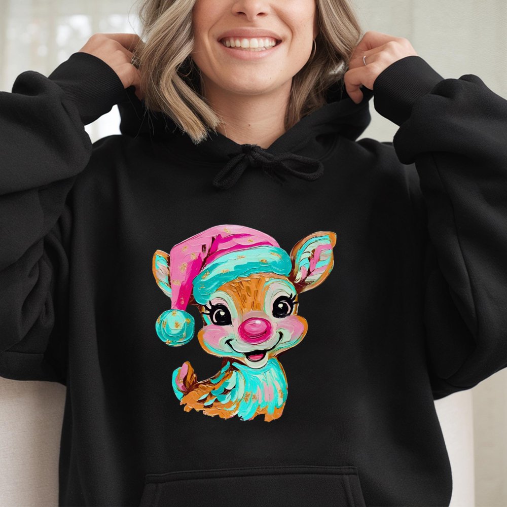 Artistic Brushstroke Holiday Hoodie, Adorable Reindeer Christmas Hoodie, Comfy Winter Pullover Hoodie, Retro Xmas Sweatshirt,