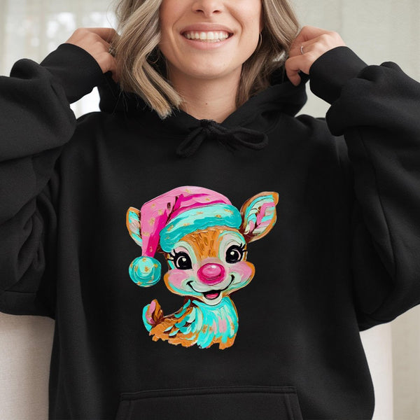 Artistic Brushstroke Holiday Hoodie, Adorable Reindeer Christmas Hoodie, Comfy Winter Pullover Hoodie, Retro Xmas Sweatshirt,