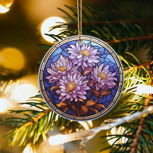 Purple Floral Christmas Ornament, Stained Glass Chrysanthemum Ornament, Botanical Flower Tree Ornament, Ceramic Garden Orname