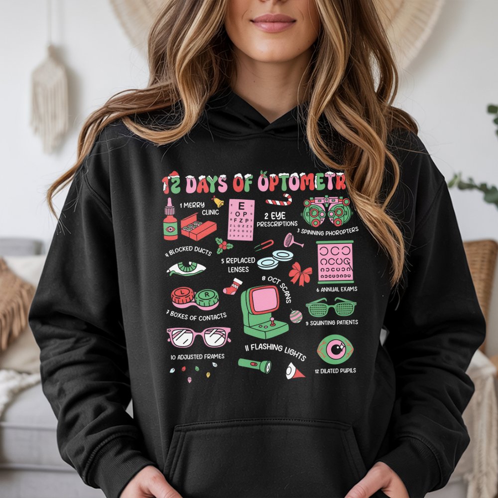 Humorous Eye Doctor Christmas Sweatshirt, 12 Days of Optometry Hoodie, Optician Holiday Pullover, Ophthalmologist Clinic Hood
